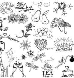 卡通涂鸦铃铛、梨子、雨伞、蛋糕、咖啡、长颈鹿、酒杯等笔刷