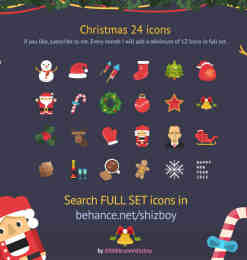 24个扁平化式可爱圣诞节图标PSD素材下载