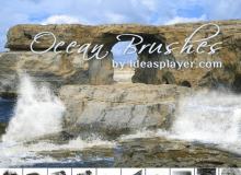 一组蓝天白云、大浪岩石、海岸线Photoshop笔刷