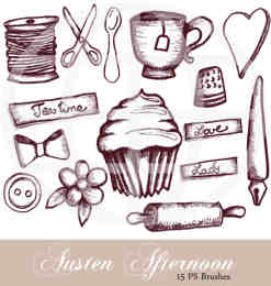 纸杯蛋糕、咖啡杯、蝴蝶结、擀面杖、剪刀、汤勺、爱心等PS涂鸦笔刷