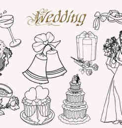 婚礼蛋糕、铃铛、新娘、酒杯、玫瑰花、戒指等线框图形PS笔刷素材下载