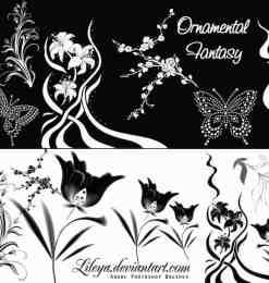 优美的鲜花图案、树枝花朵蝴蝶PS笔刷下载