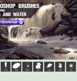 岩石和水笔触的CG插画笔刷Photoshop数字艺术绘画笔刷（含有工具预算TPL文件）
