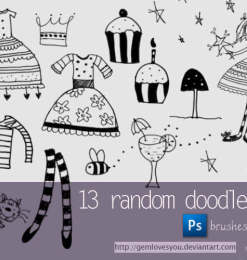13种可爱童趣涂鸦元素少女童装、公主裙、纸杯蛋糕、长筒袜、猫咪等PS美图笔刷