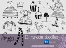 13种可爱童趣涂鸦元素少女童装、公主裙、纸杯蛋糕、长筒袜、猫咪等PS美图笔刷