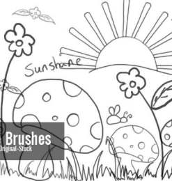 超级可爱童趣涂鸦、幼稚呆萌的手绘蘑菇、鲜花、青草、太阳PS笔刷图案素材