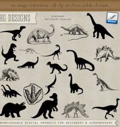 卡通恐龙造型、侏罗纪恐龙剪影PS笔刷素材下载