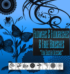 漂亮的植物和蝴蝶花纹图案PS笔刷素材下载