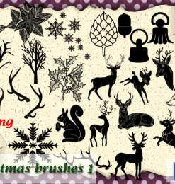 圣诞节卡通装饰品麋鹿、圣诞节树叶、圣诞铃铛PS笔刷素材下载
