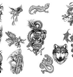 恐怖纹饰、刺青宗教神话中的纹身骷髅头、恶龙、魔龙刺青图案PS笔刷素材