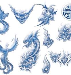 酷炫的恶魔火龙、蛟龙、火凤凰、魔鬼、鲜花等纹身刺青图案PS笔刷素材