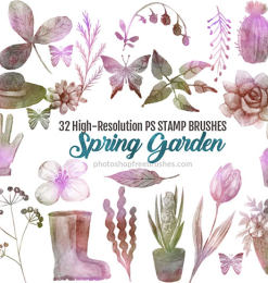 32种高清水彩花园主题装饰图案Photoshop笔刷素材下载