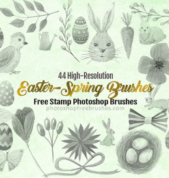 44种高清水彩兔子、小鸟、鲜花图案、鸟窝、彩蛋等Photoshop装饰美图笔刷