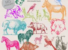 手绘驴子、野熊、野鹿、鸟兽、小狗、斑马、蝙蝠等PS图形笔刷