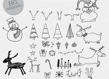 手绘涂鸦雪人、圣诞节树、挂饰品图案PS美图笔刷