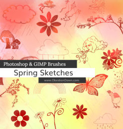 手绘涂鸦式树叶、蝴蝶、花草、小鸟、下雨云、风筝等图案PS笔刷下载