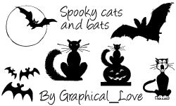 万圣节蝙蝠图形、黑猫卡通剪影PS笔刷素材下载