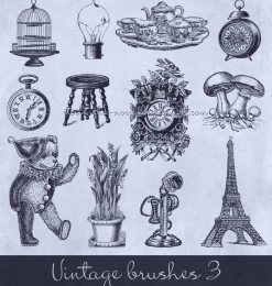 复古欧美生活元素鸟笼、电灯泡、餐盘组、闹钟、凳子、玩具熊、巴黎塔等PS笔刷素材