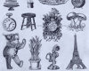 复古欧美生活元素鸟笼、电灯泡、餐盘组、闹钟、凳子、玩具熊、巴黎塔等PS笔刷素材