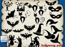 万圣节卡通蝙蝠、黑猫咪、巫师帽、巫婆等PS美图笔刷