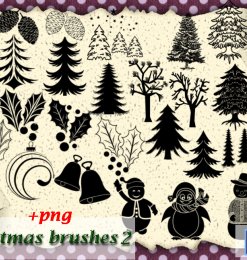 圣诞节圣诞树、坚果、圣诞夜叶子、铃铛等装饰物品PS笔刷下载