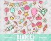 七彩卡通气球、横幅、五角星、糖果、花朵、爱心、纸杯蛋糕等可爱元素PS笔刷素材（PNG图片格式）